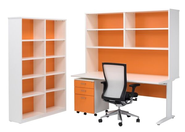 Symmetry C-Leg Desking – Straight Desk with Open Hutch, Mobile Pedestals and Open Bookshelves